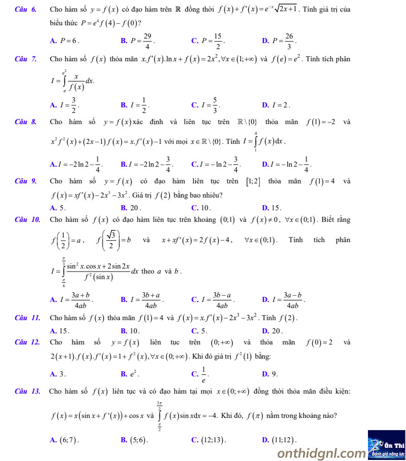 Bài toán tích phân hàm ẩn dạng 2