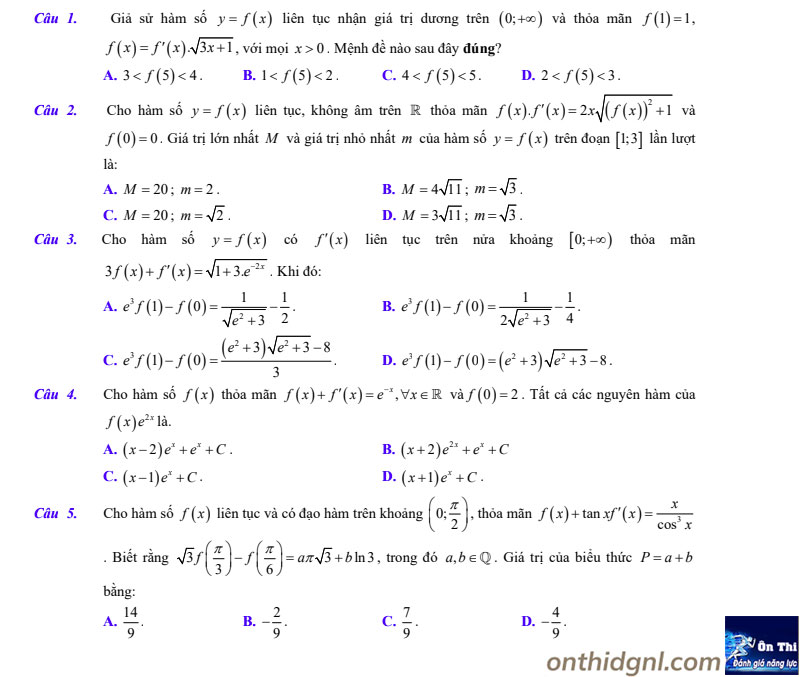 Bài toán tích phân hàm ẩn dạng 2
