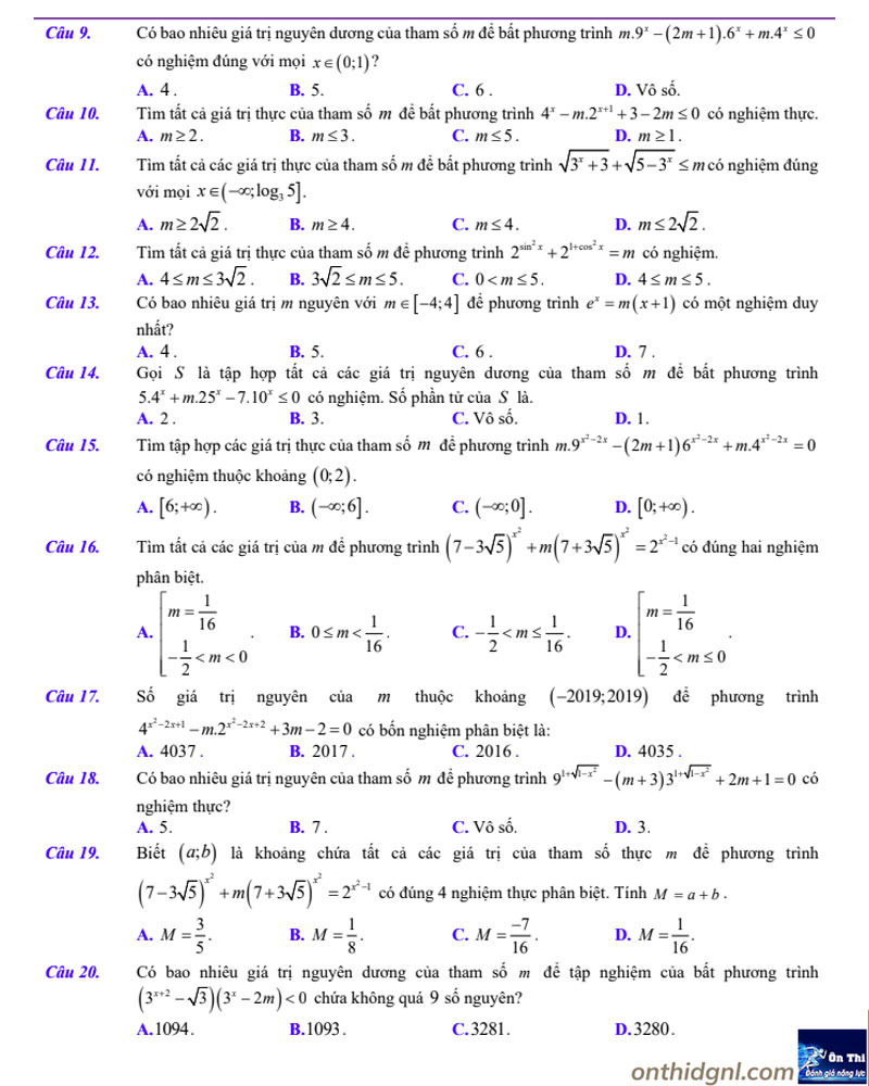 lý thuyết Tìm tham số m của phương trình, bất phương trình mũ