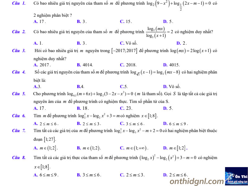 Bài tập Tìm tham số m của phương trình, bất phương trình Logarit