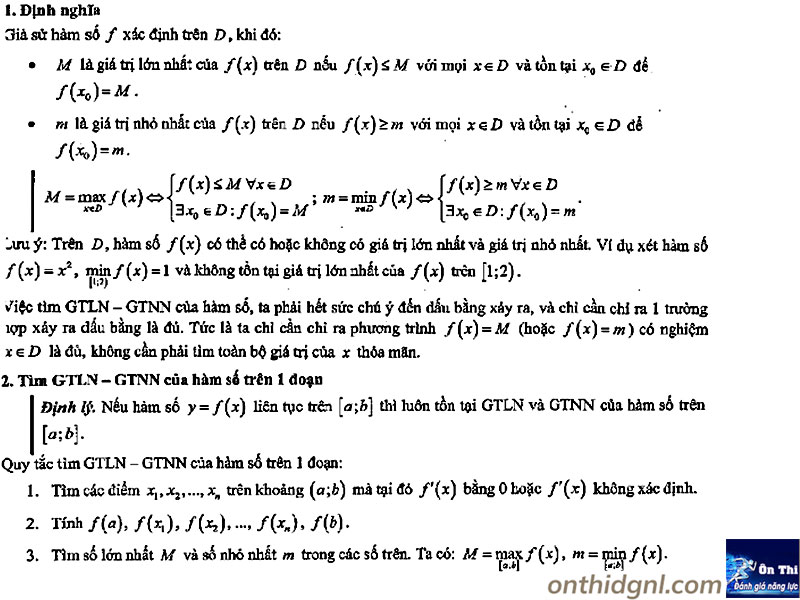 lý thuyết Tìm m để hàm số có giá trị lớn nhất nhỏ nhất GTLN GTNN