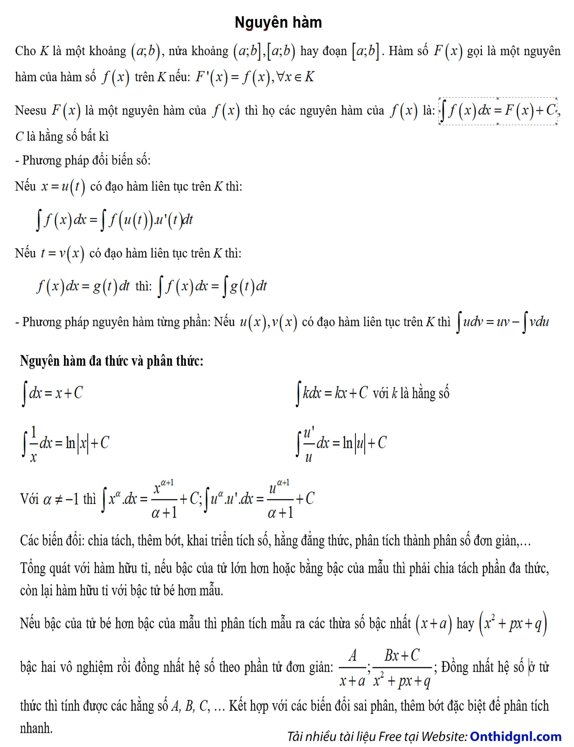 Công thức nguyên hàm đa thức và phân thức
