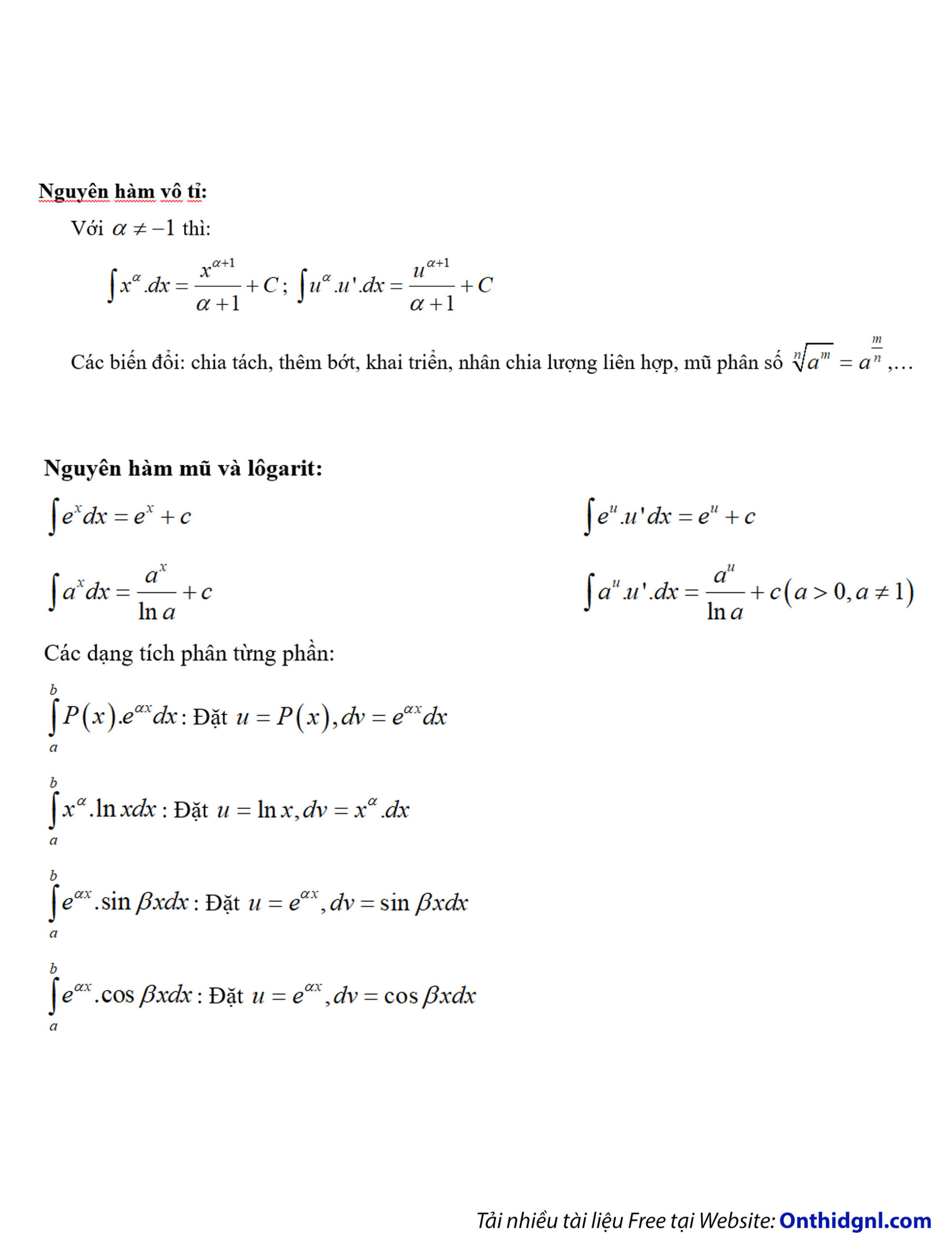 Công thức nguyên hàm vô tỷ và mũ logarit