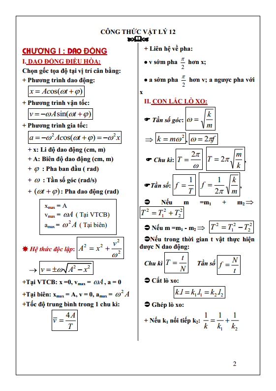 Tổng hợp công thức vật lý 12 dao động điều hòa
