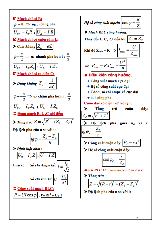 Tổng hợp công thức vật lý 12 dòng điện xoay chiều