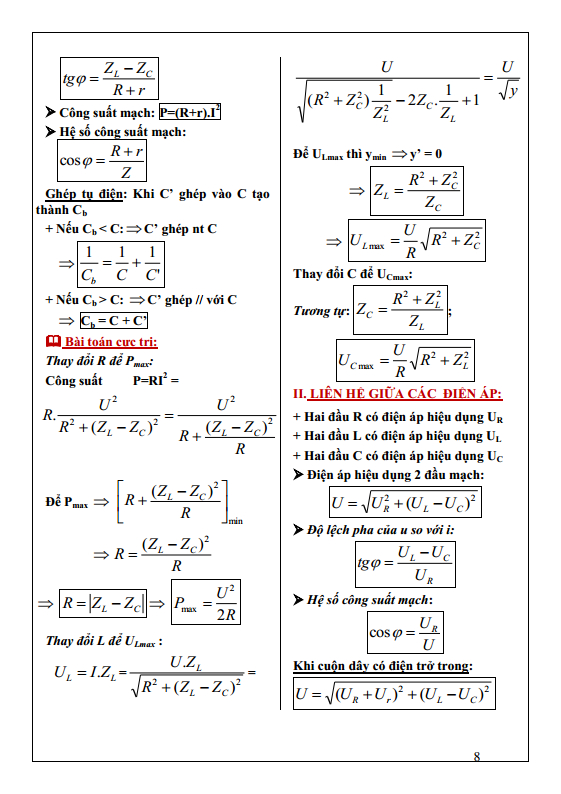 Tổng hợp công thức vật lý 12 dòng điện xoay chiều