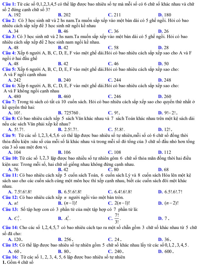 Bài tập về tổ hợp, chỉnh hợp và hoán vị