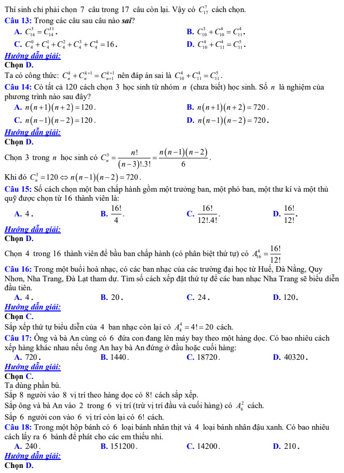 Bài tập về tổ hợp, chỉnh hợp và hoán vị