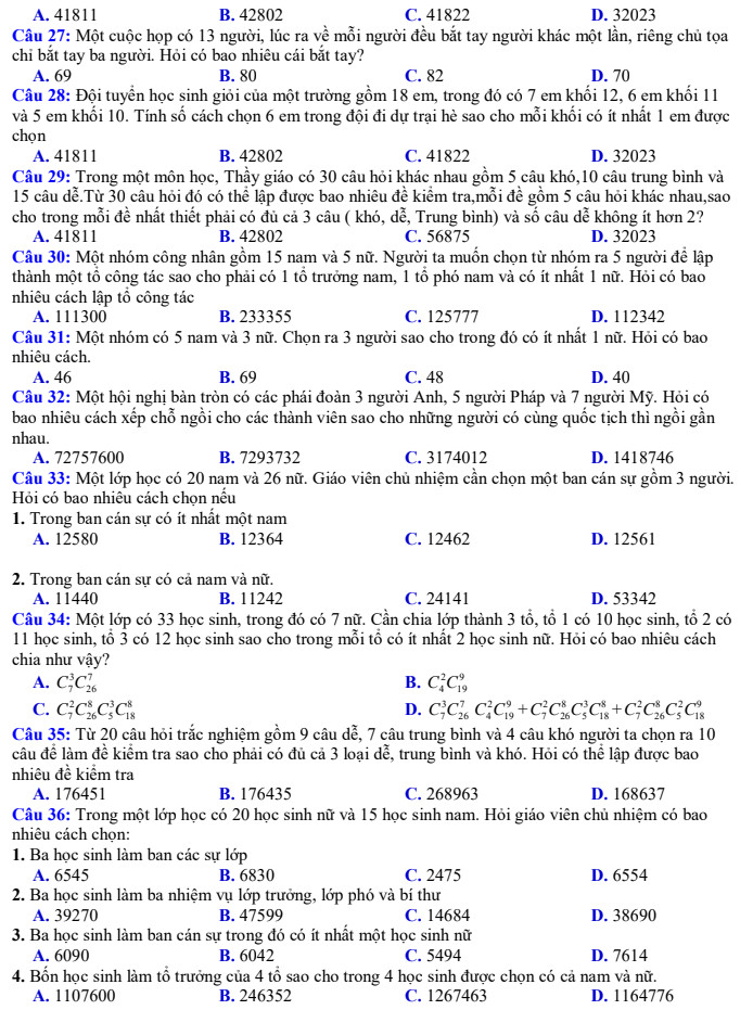 Bài tập về tổ hợp, chỉnh hợp và hoán vị