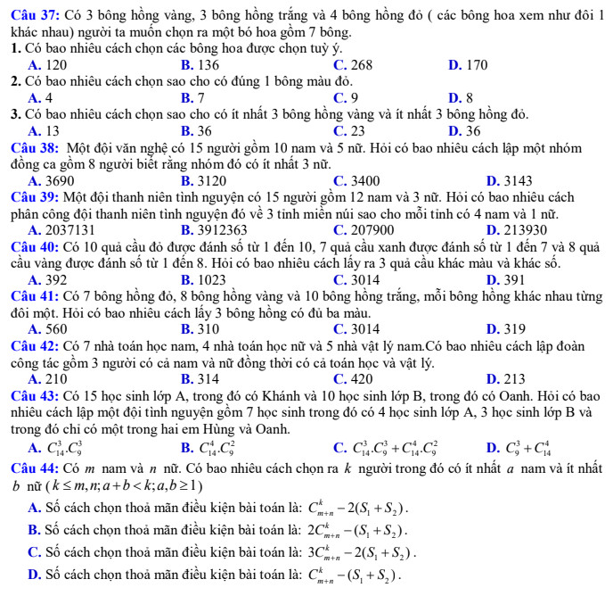 Bài tập về tổ hợp, chỉnh hợp và hoán vị