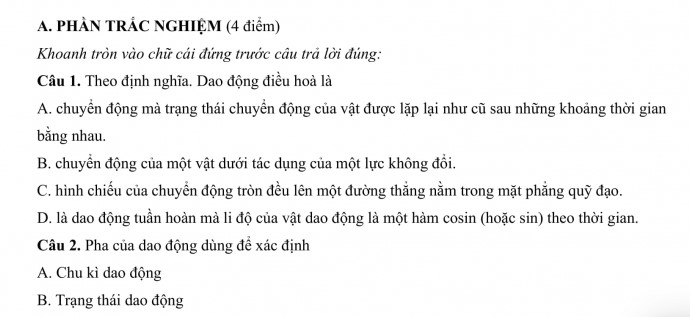 Đề thi giữa kì 1 môn Vật Lý 11 có đáp án