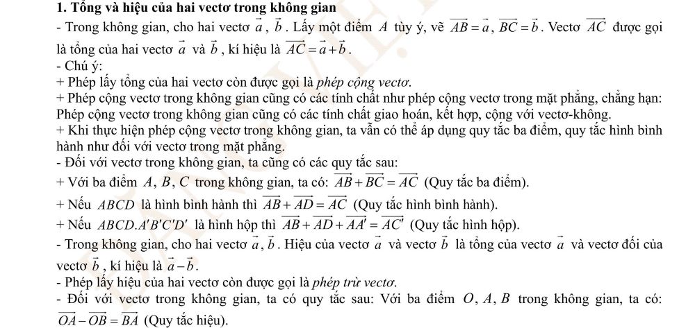 Tổng và hiệu của hai vectơ trong không gian