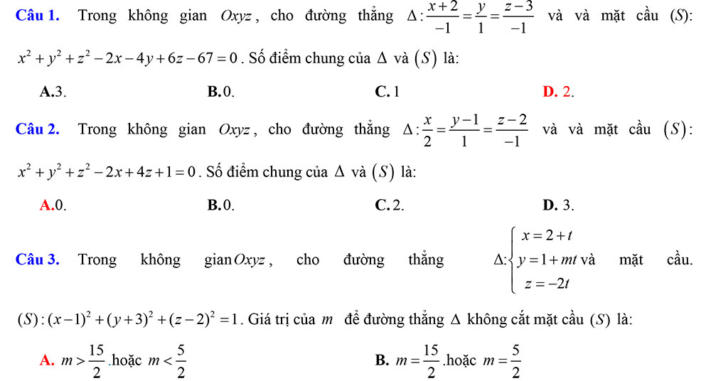 Dạng 1. Bài tập Vị trí tương đối của đường thẳng với mặt cầu