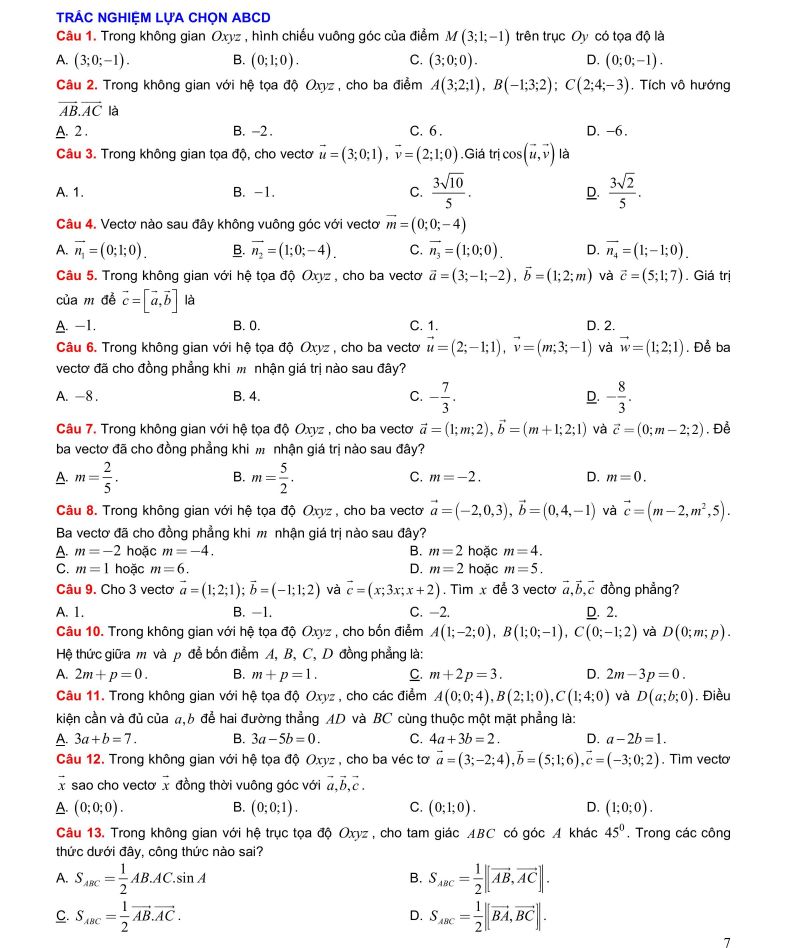 Bài tập Vector và hệ trục tọa độ trong không gian
