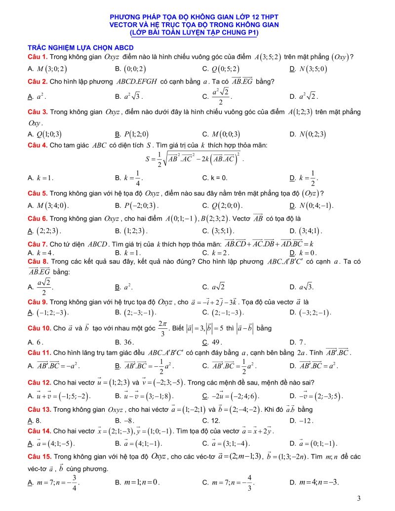 Bài tập Vector và hệ trục tọa độ trong không gian