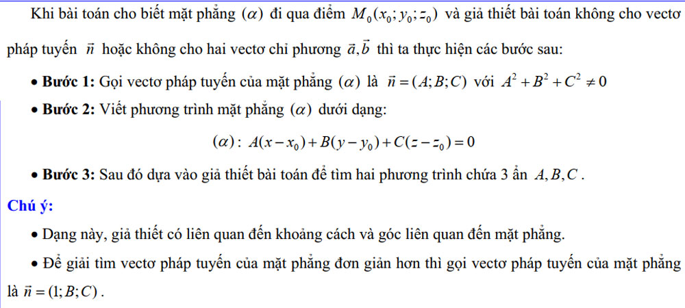 Viết phương trình tổng quát mặt phẳng khi biết điểm thuộc mặt phẳng và không biết vectơ pháp tuyến hoặc không biết hai vectơ chỉ phương