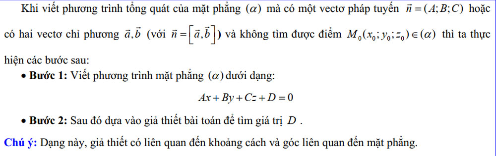 Viết phương trình tổng quát mặt phẳng khi biết một vectơ pháp tuyến hoặc hai vectơ chỉ phương mà không biết điểm thuộc mặt phẳng